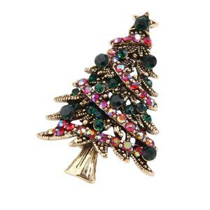 Christmas Tree Brooch Gold Tone with Iridescent Crystals